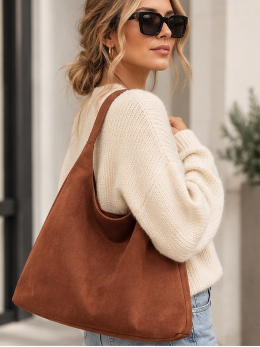 Warm Cognac Brown Suede Hobo Shoulder Bag Slouchy Oversized Boho Tote